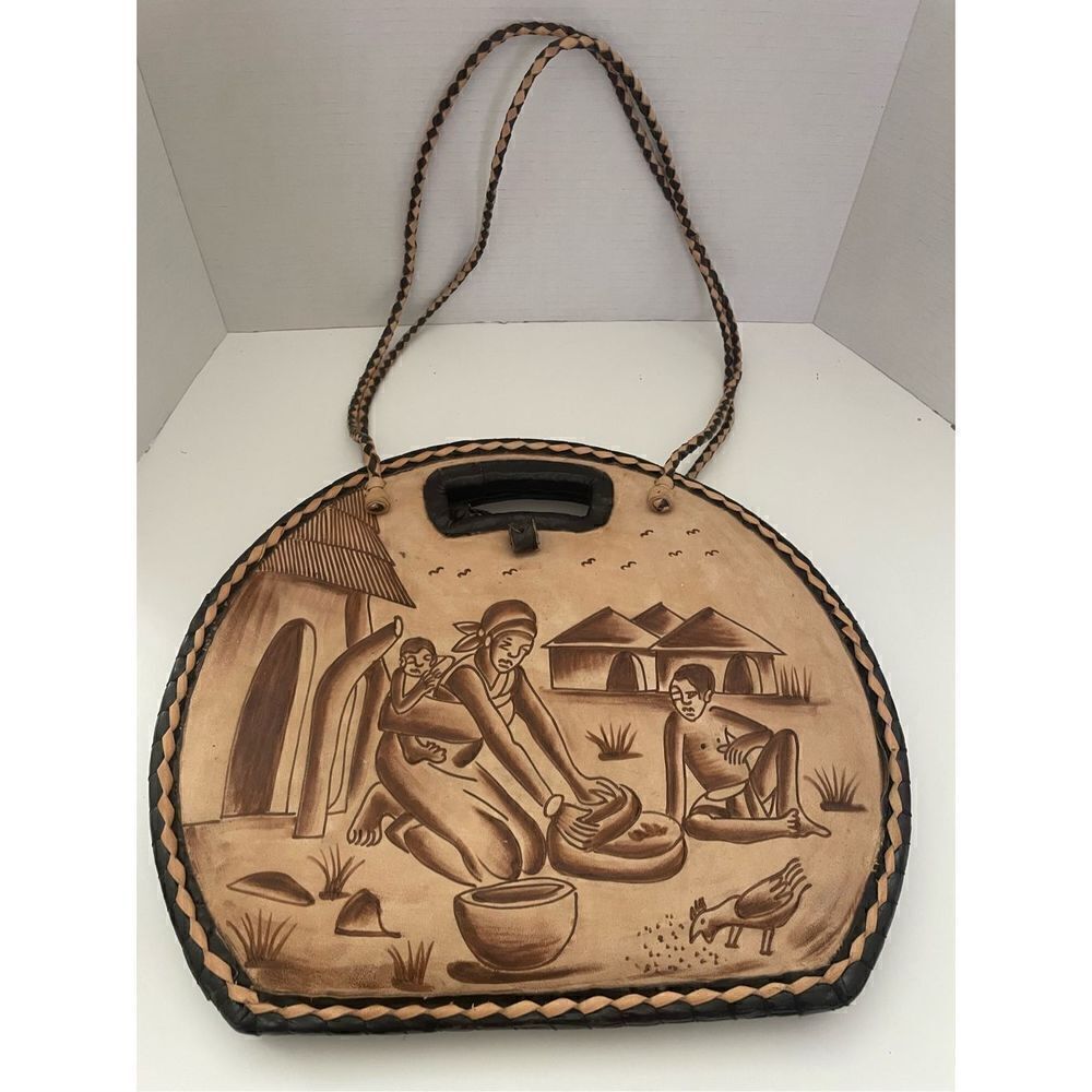 African Leather Women's Brown Basket Weave Handmade Round Shoulder Bag L NWOT